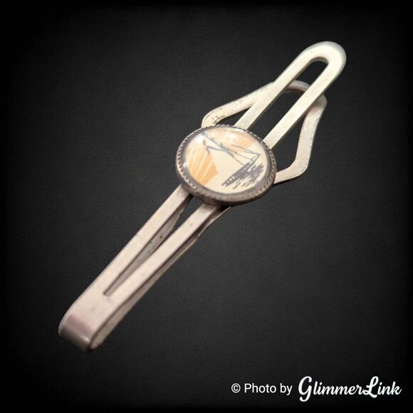 Vintage Hand Painted Sailboat Nautical Silver Tone Tie Bar Clip - Picture 3 of 9